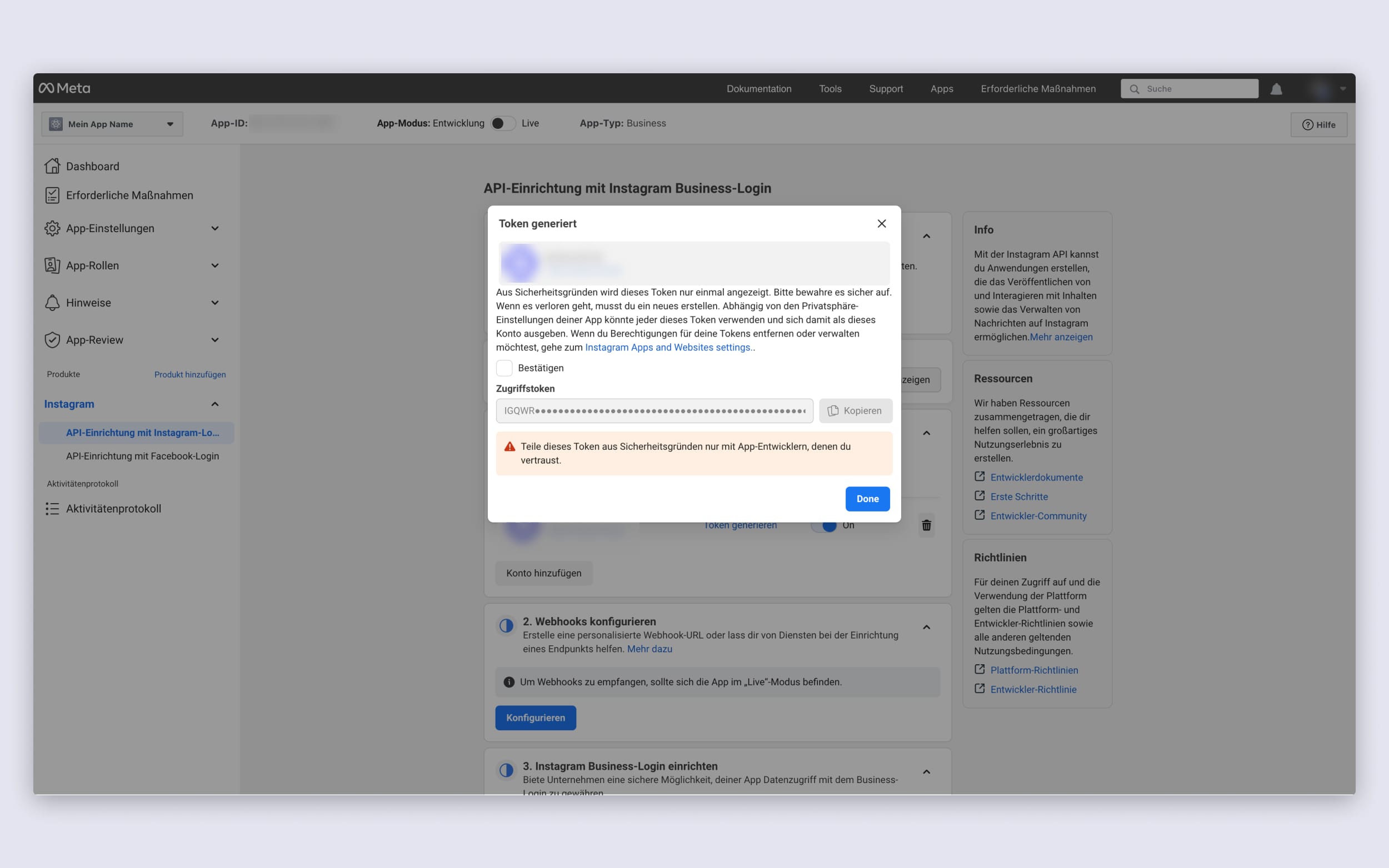 Instagram Access Token erzeugen: Access Token kopieren Instagram Access Token erzeugen: Access Token kopieren